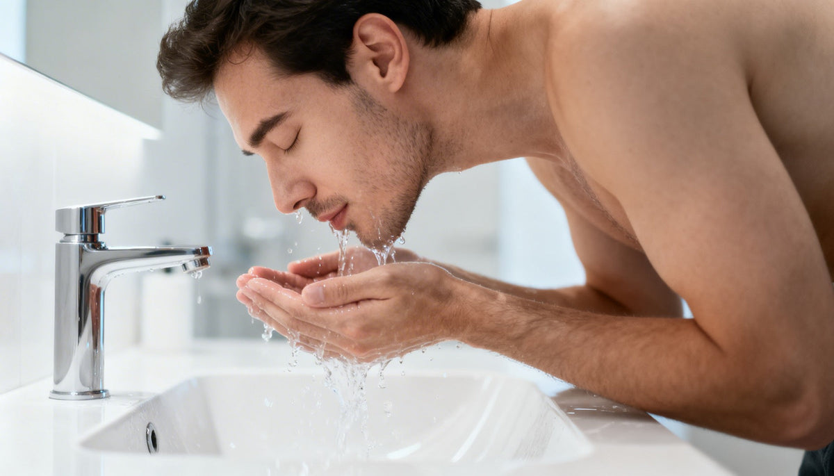 Man washing his face with a facial cleanser as part of his skincare routine