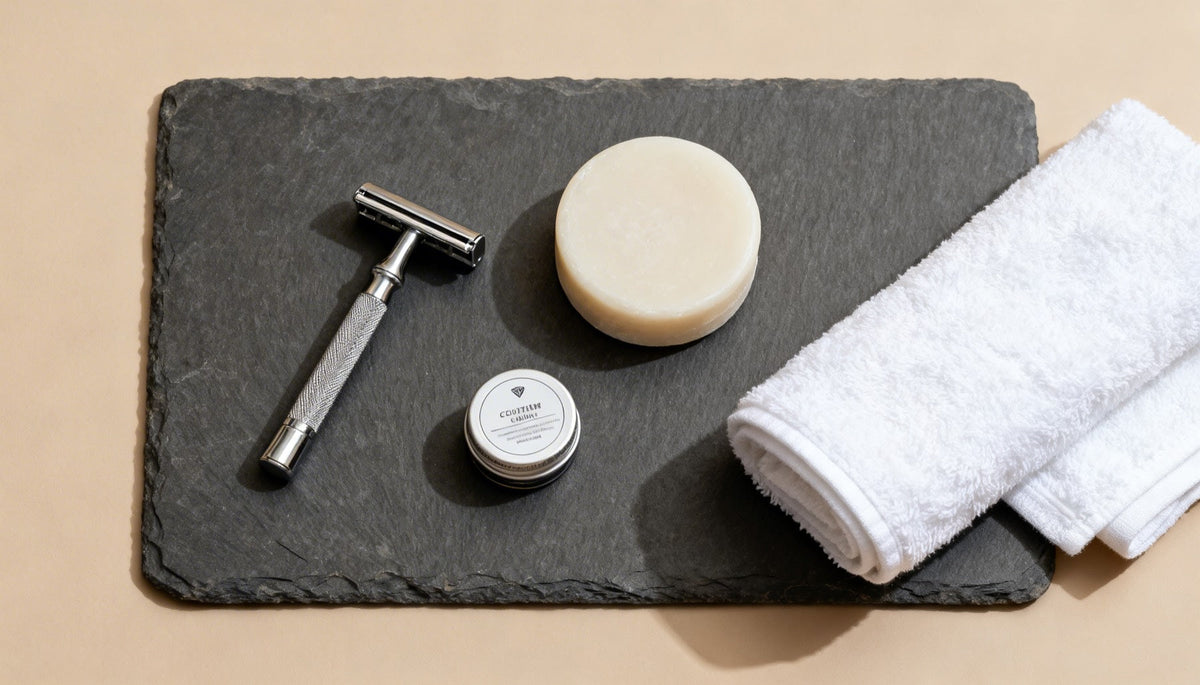 Body grooming flat lay with fragrance-free shaving soap, body razor, and aftershave balm