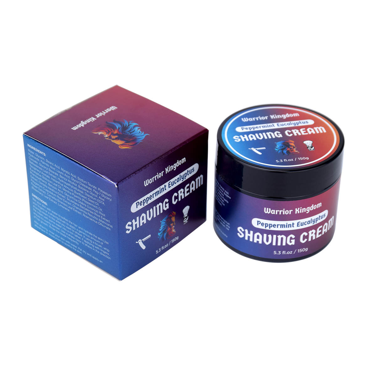 A container of Warrior Kingdom Shaving Cream with Peppermint Eucalyptus, alongside its packaging box. Both display branding and product information.