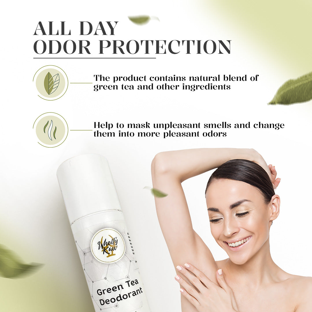 Wholly Kaw Green Tea Deodorant — all day odor protection with natural green tea blend, lifestyle image with woman applying deodorant  