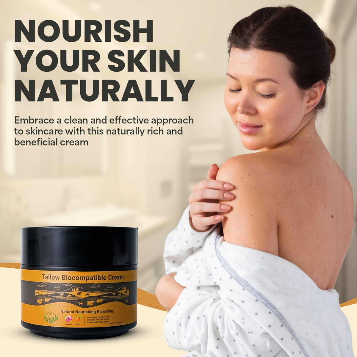 Woman applying cream to her shoulder with a jar of Tallow Biocompatible Cream on a beige background.