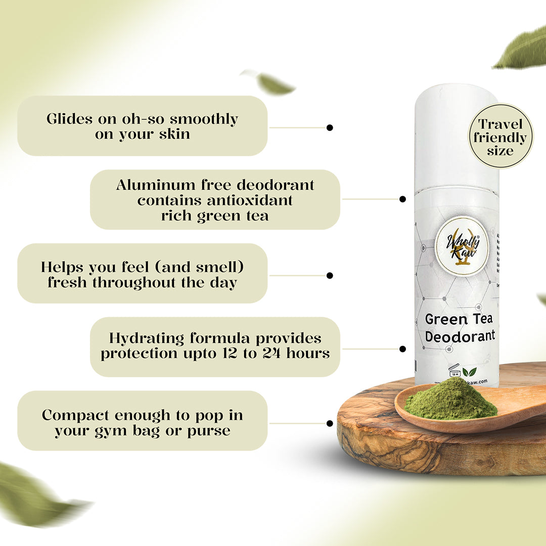 Wholly Kaw Green Tea Deodorant benefits: glides smoothly, aluminum-free, 12 to 24 hour protection, travel-friendly size