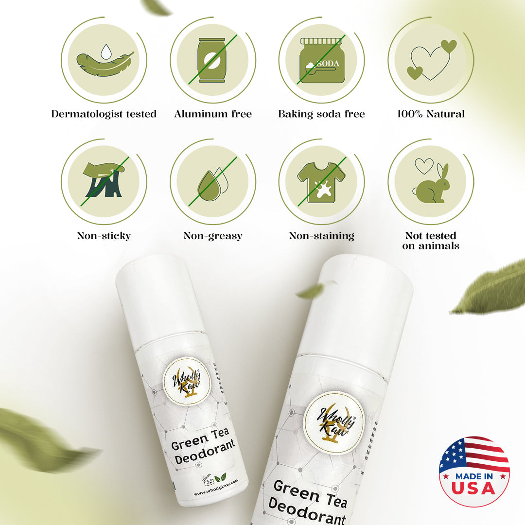 Two Wholly Kaw Green Tea Deodorant bottles showing key claims dermatologist tested, aluminum free, baking soda free, non-greasy, non-staining, made in USA   