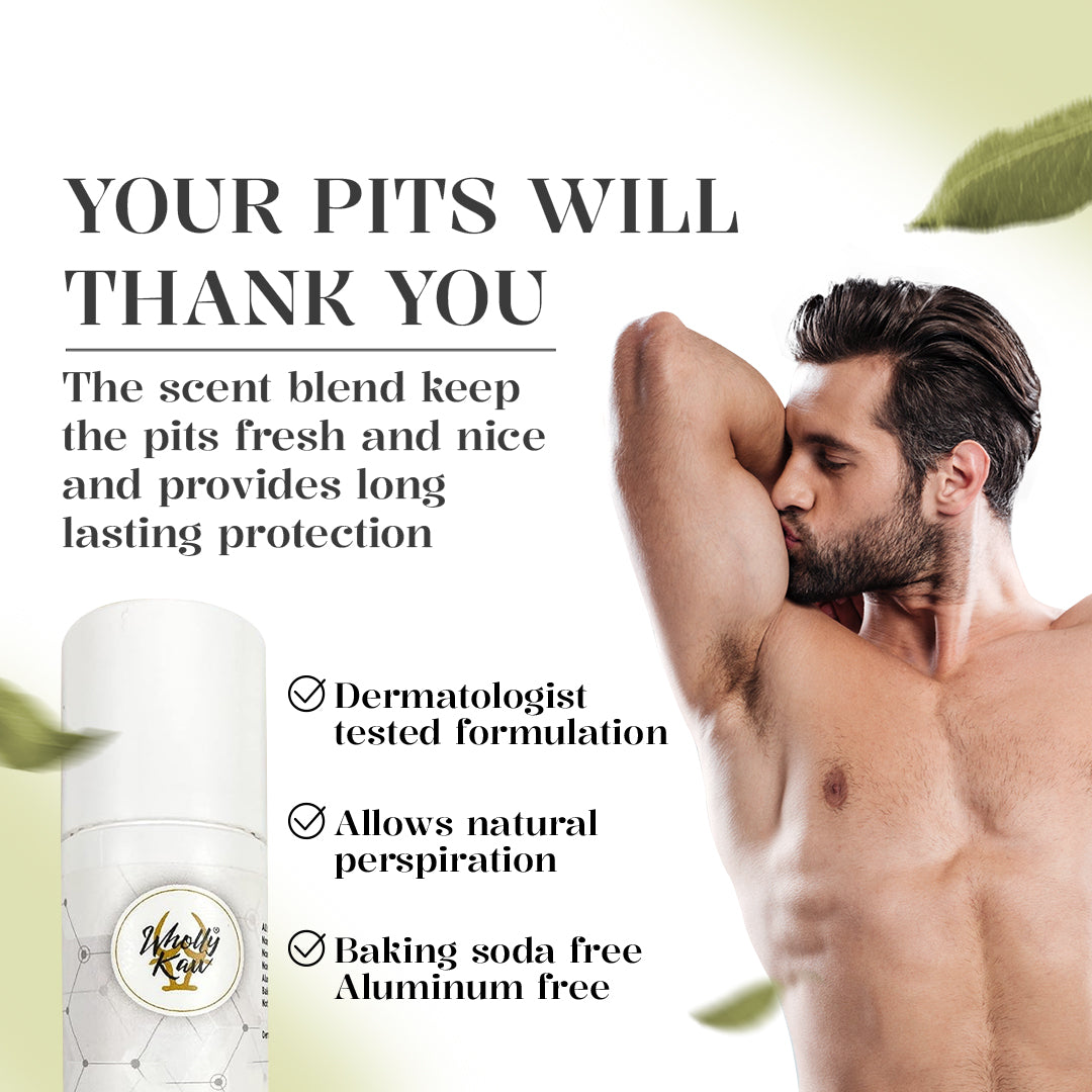 Man applying Wholly Kaw Green Tea Deodorant dermatologist tested, baking soda free, aluminum free, allows natural perspiration