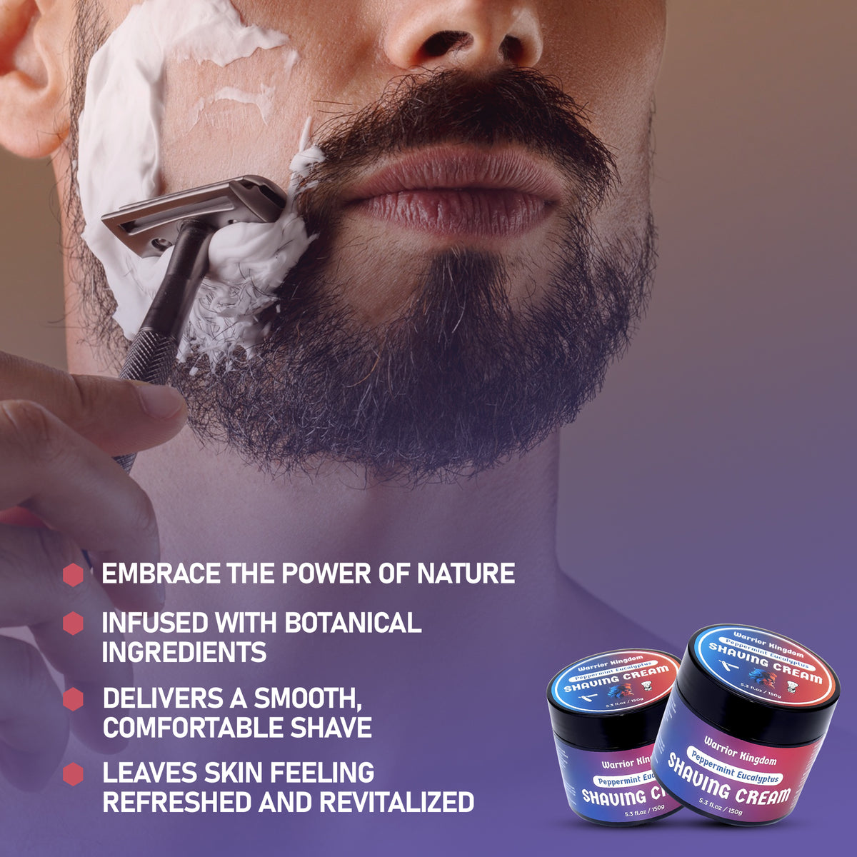 Man shaving with a razor and a jar of shaving cream Man shaving with Warrior Kingdom shaving cream — botanical ingredients, smooth comfortable shave           