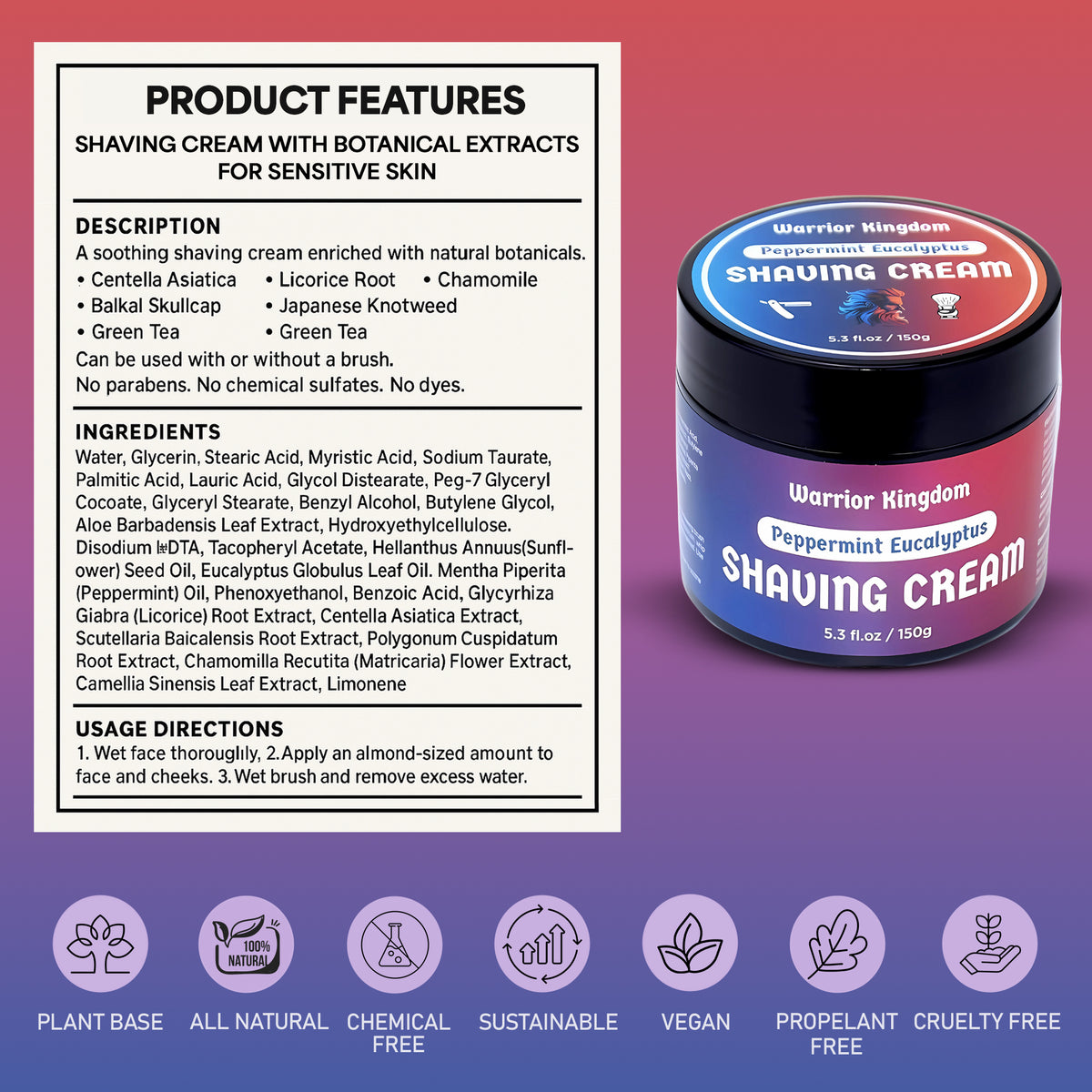 Warrior Kingdom shaving cream product features — botanical  extracts, vegan, chemical-free, cruelty-free