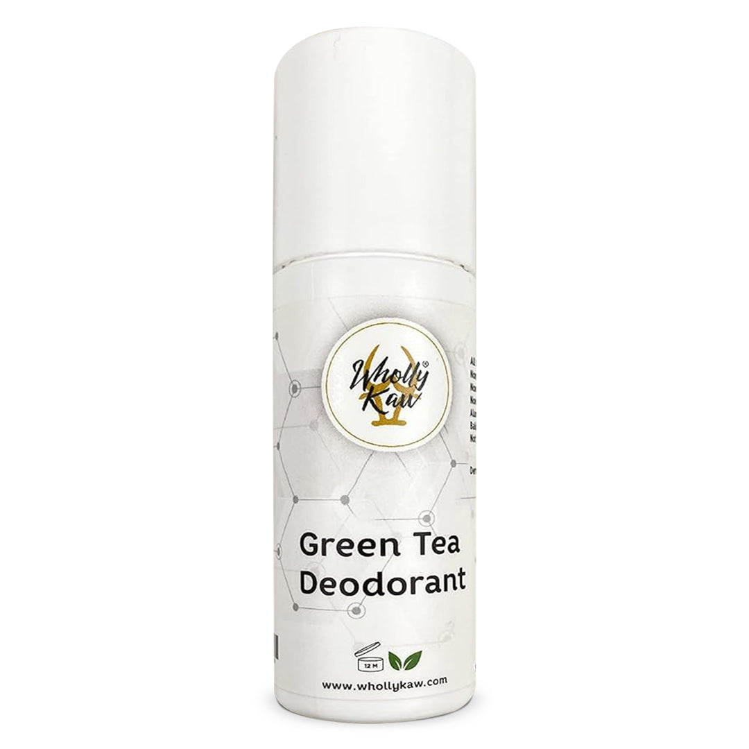 Wholly Kaw Green Tea Deodorant 90ml roll-on bottle — front view, dermatologist tested