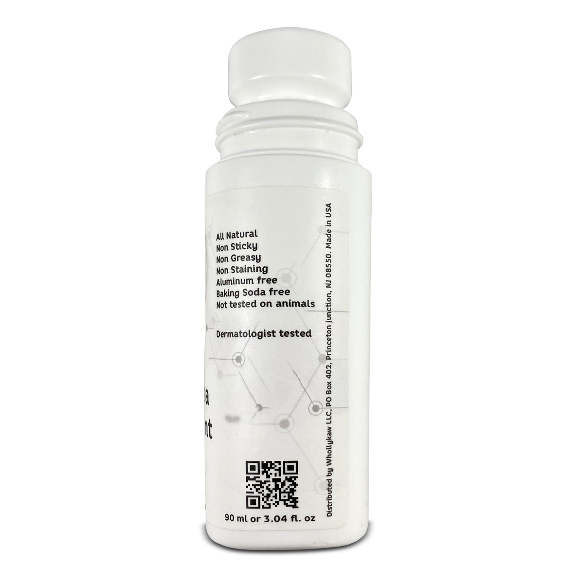 Wholly Kaw Green Tea Deodorant bottle side view showing ingredients  and 90ml size made in USA travel friendly