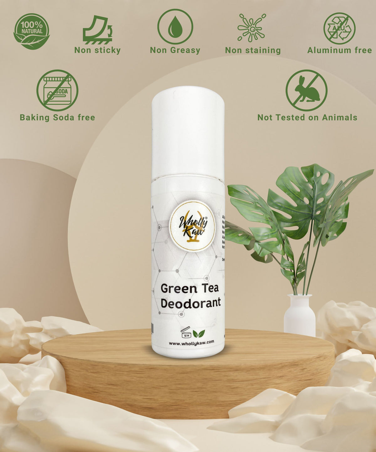 Wholly Kaw Green Tea Deodorant roll-on aluminum-free, baking soda free, non-sticky, not tested on animals