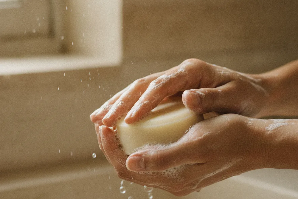Hands working a bar of soap into a lather under running water