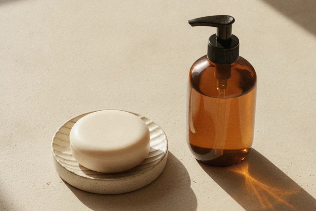 Bar soap on a ridged draining dish beside a pump bottle of liquid soap